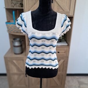 Jessica Simpson Crochet Top White Blue Striped Scalloped Hem Flutter Sleeve
